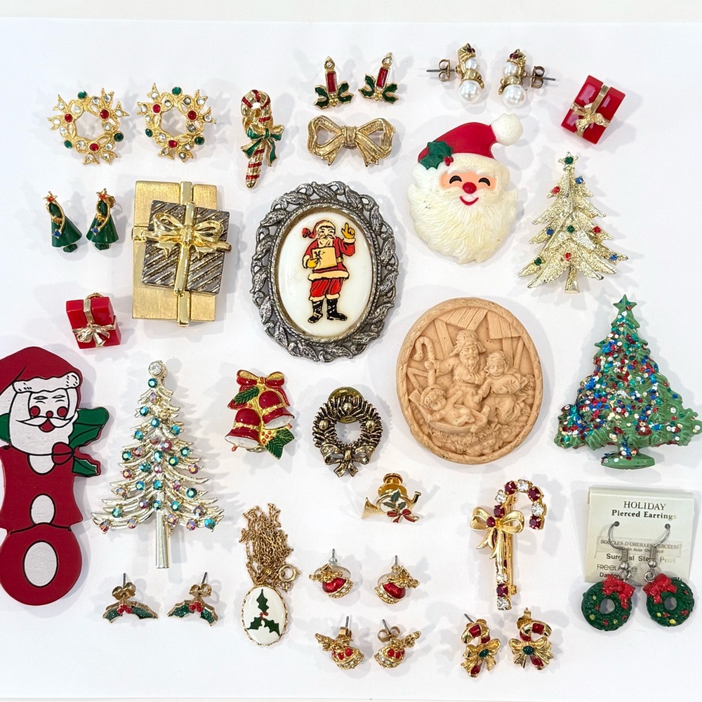 Vintage Christmas Jewelry Lot Avon Eisenburg Ice Candy Cane Brooch Rhinestone - Picture 2 of 16